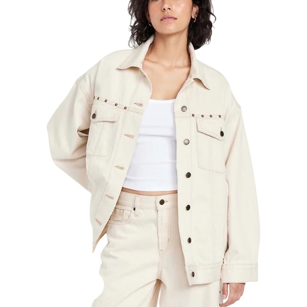 Old Navy Denim Jacket Women Medium Cream Excellent Studded Oversized Trucker